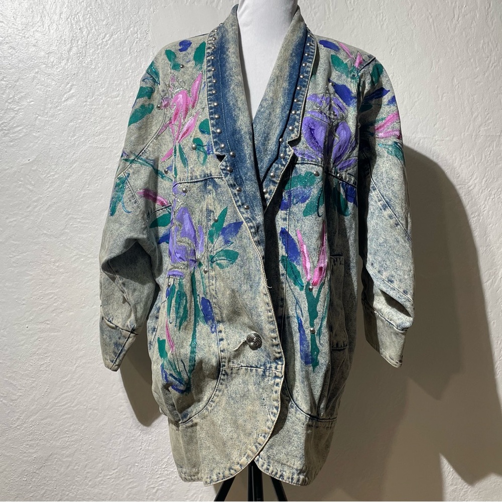 Vtg Oversized acid washed Denim Jacket Hand Painted purpleFloral Studded Artwear - Picture 1 of 12